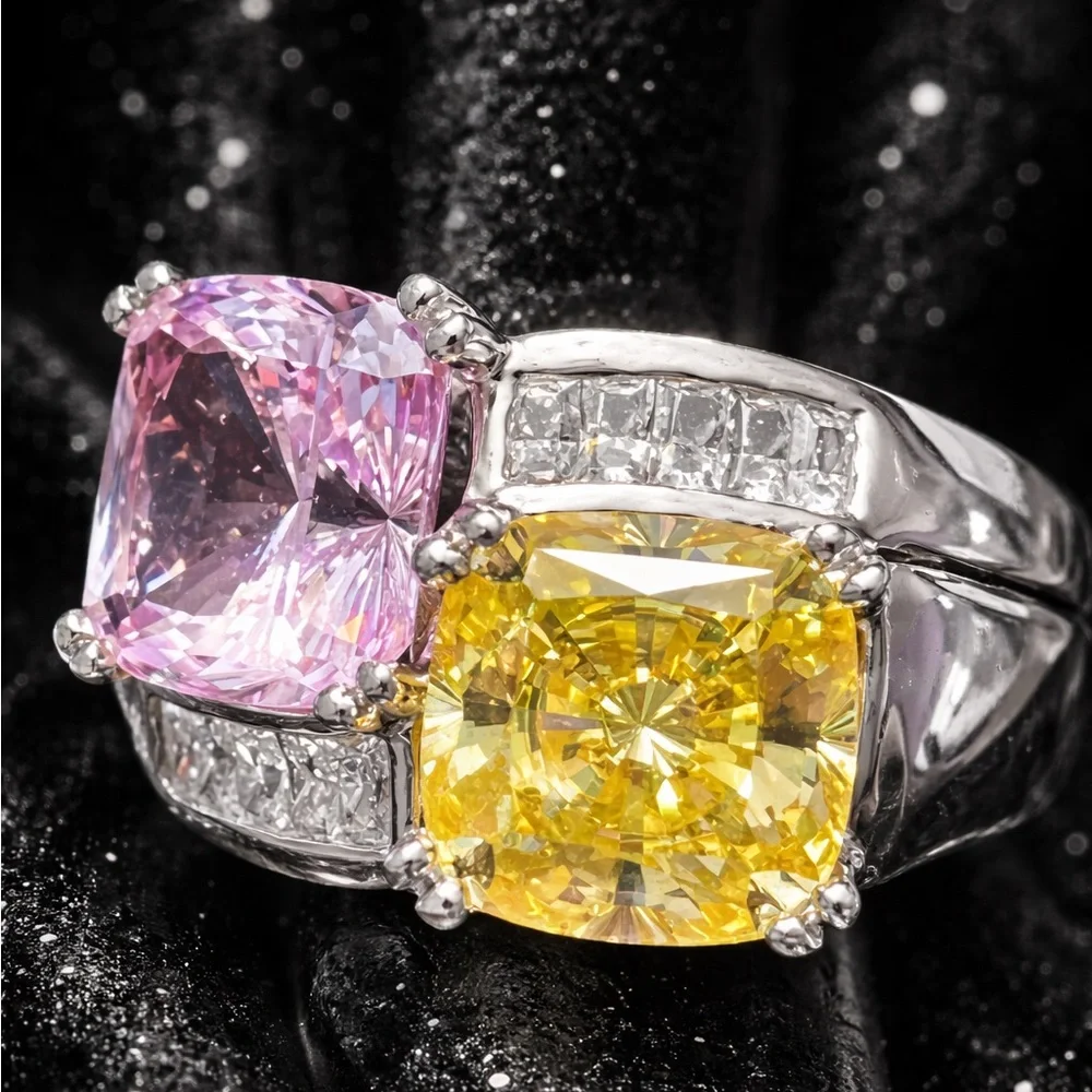 Victoria Wieck vintage Canary pink CZ cushion baguette princess cut silver ring
